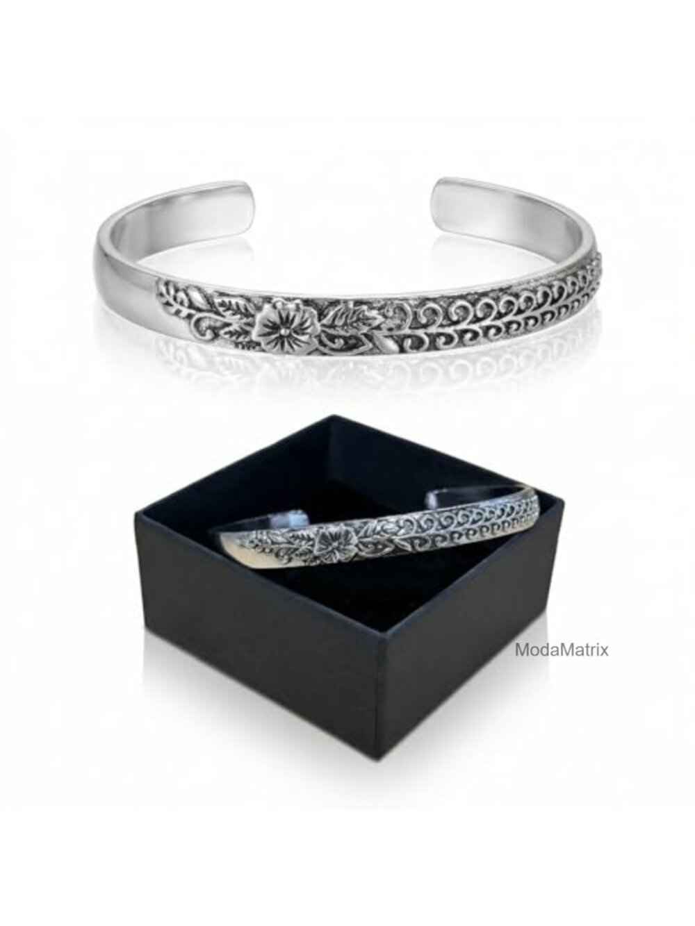 Vintage Floral Cuff Bracelet Adjustable Silver-Tone Bangle Women Men Gift Box